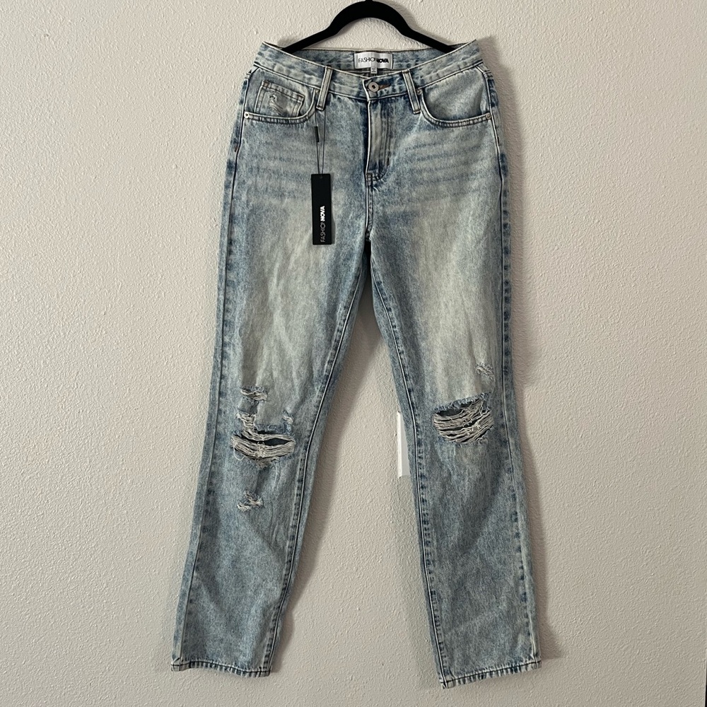 Fashion Nova Light Blue Distressed Straight Leg Jeans